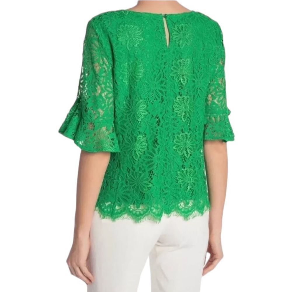 Nanette Lepore Women’s Green Lace Scallop Hem‎ Bell Sleeves Top, Size L - Picture 2 of 8